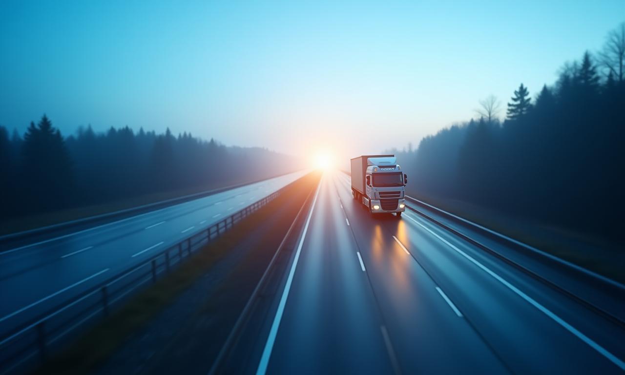 Autobahn mit Güterverkehr LKWs und Güterzug im Dämmerlicht